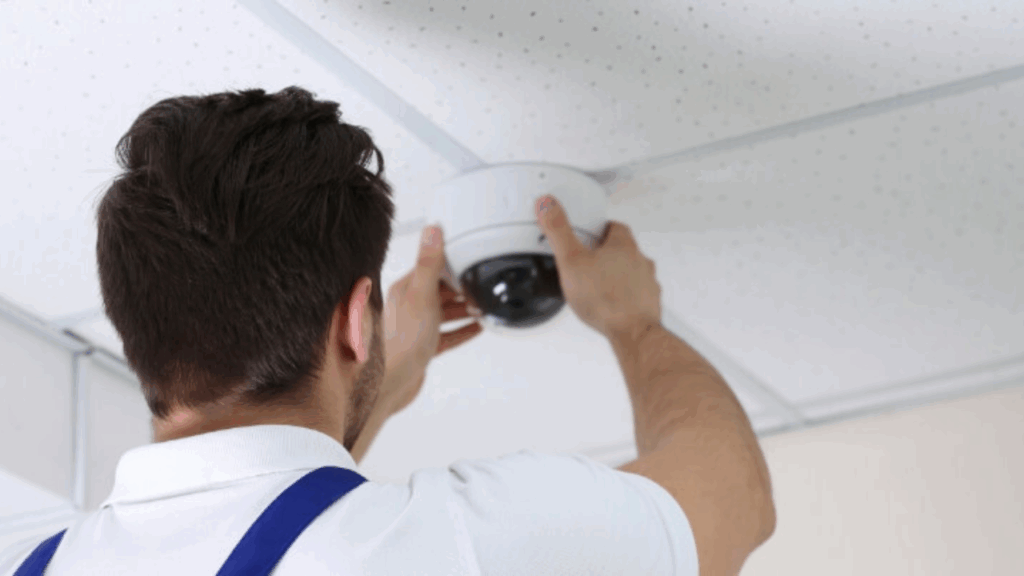 Profissional capacitado realiza instalação de câmeras de segurança em um teto de gesso