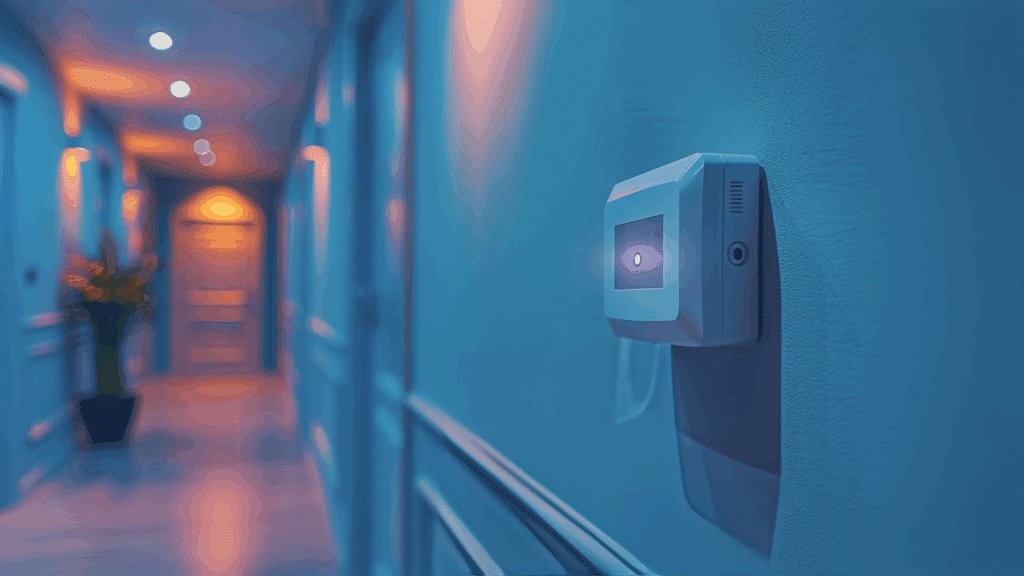 alarme residencial em um corredor de paredes brancas com iluminação amarela.