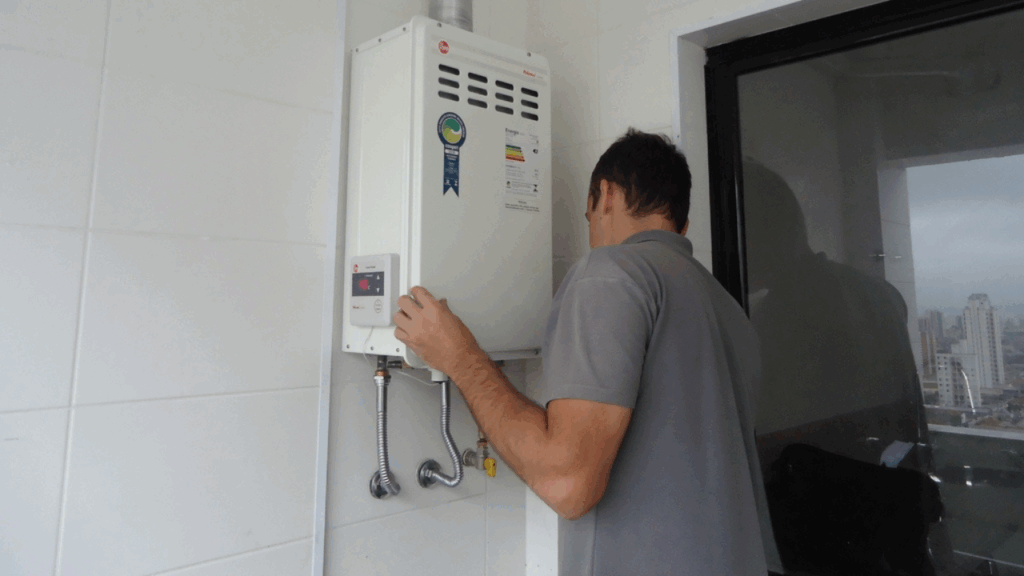 Instalação de aquecedor a gás por um profissional certificado.