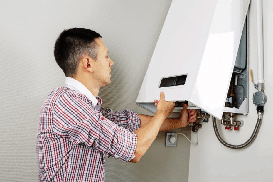 técnico realizando manutenção de aquecedor a gás