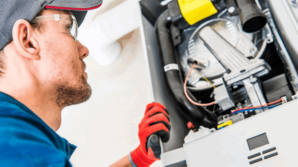 técnico realizando a manutenção de aquecedor a gás