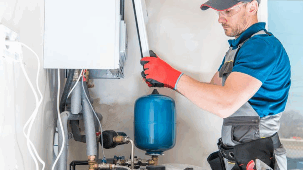 técnico realizando a manutenção de aquecedor a gás