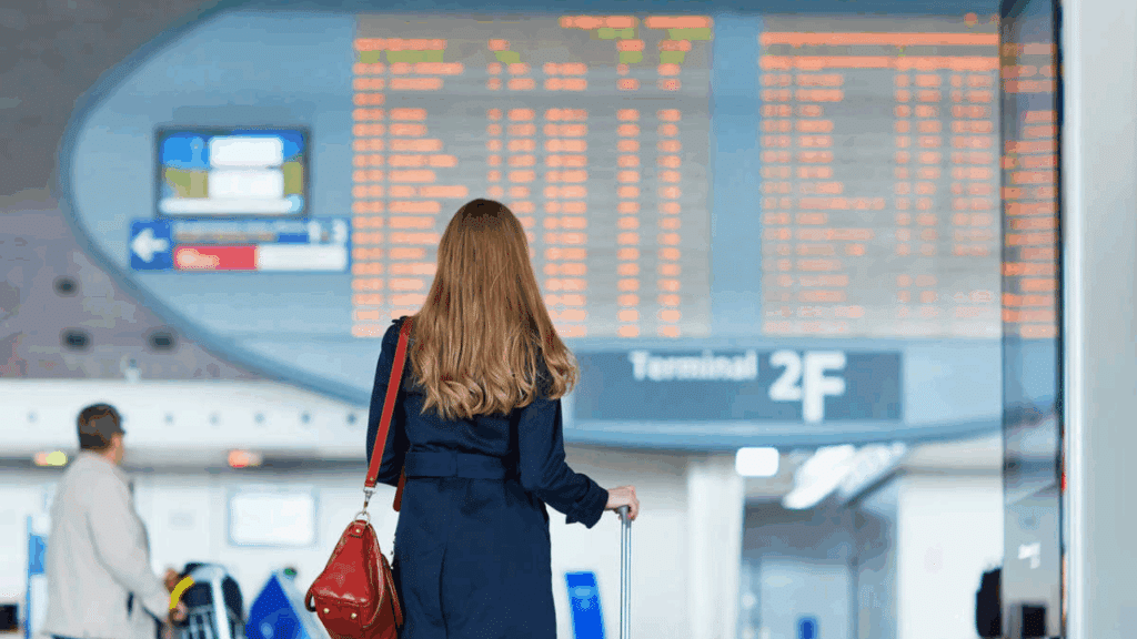Mulher olha quadro de voos em aeroporto pensando em processar companhia aérea.
