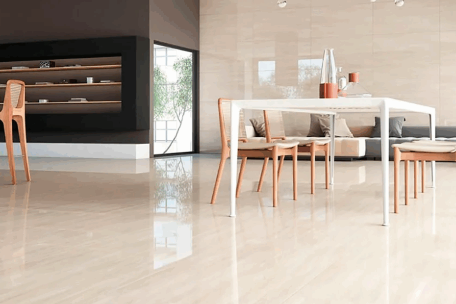 Imagem mostra pisos de porcelanato em uma residência.