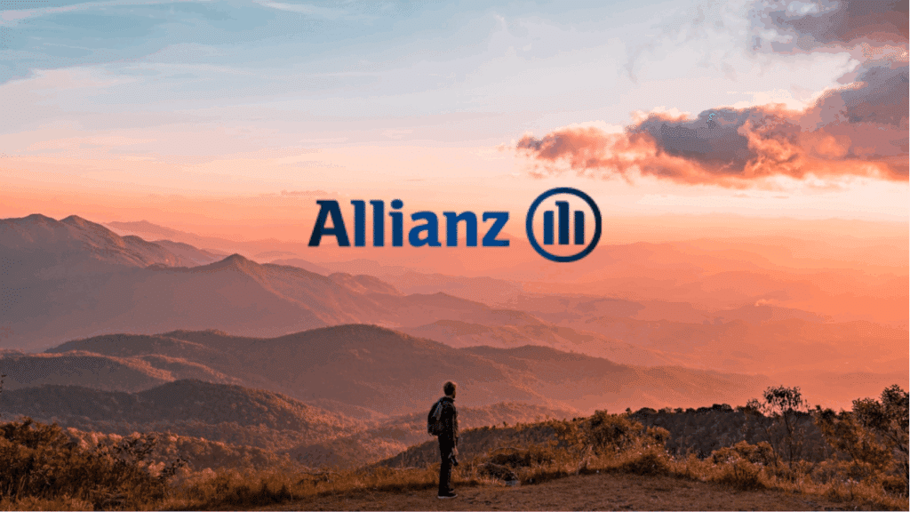imagem contém paisagem, um viajante ao centro e a logomarca da empresa de seguro viagem allianz